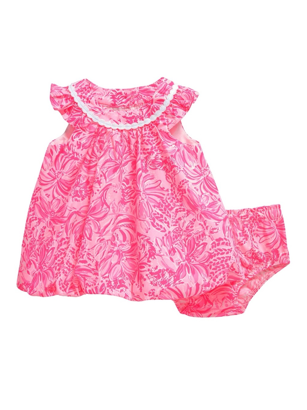 Lilly Pulitzer Bright Pink Floral Baby Dress with White Trim